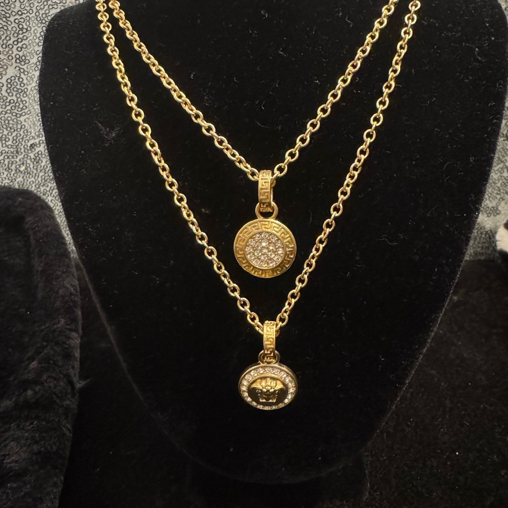 Versace Gold-Tone Double Medallion Necklace with Crystal Pavé